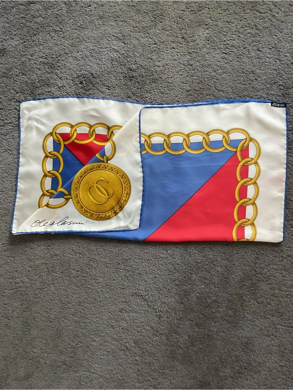 Oleg Cassini White Silk Scarf with Blue Border, Gold and Red Accents